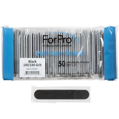 ForPro Black Mini Foam Boards, 100/180 Grit, Double-Sided Manicure Nail File, 3.5” L x .5” W, 50-Count 