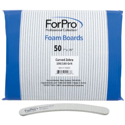ForPro Zebra Curved Foam Board, 100/180 Grit, Manicure and Pedicure Nail File, 7” L x .75” W, 50-Count 