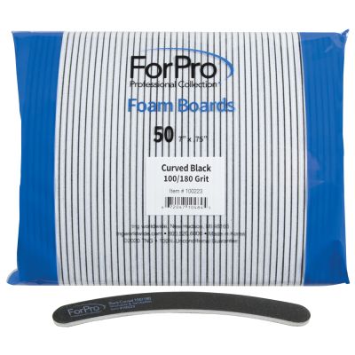 ForPro Black Curved Foam Board, 100/180 Grit, Manicure and Pedicure Nail File, 7” L x .75” W, 50-Count 
