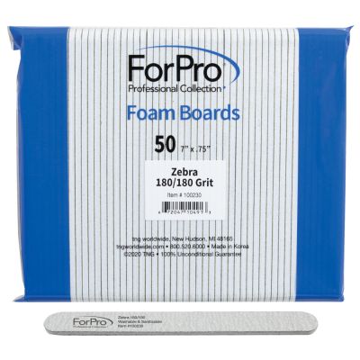 ForPro Zebra Foam Board, 180/180 Grit, Double-Sided Manicure Nail File, 7” L x .75” W 50-Count