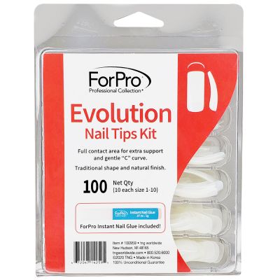 ForPro Evolution Nail Tips, Artificial Manicure Tips for Acrylic Nails, Full Contact, Gentle “C” Curve, 100-Count Tray (10 Each Size 1-10) with Nail Glue