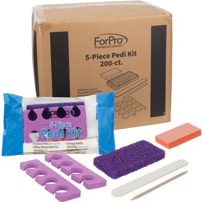 ForPro Basics 5-Piece Pedi Kit, Purple Pumice Pad, White Wood Nail File 100/180 Grit, Orange Mini Buffer 100/180 Grit, Wood Stick, Purple Toe Separators, 200-Count 