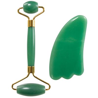 ForPro 100% Natural Jade Stone Set Includes Adventurine Jade Roller and Gua Sha Stone for Reducing Wrinkles and Improving Skin Tone, Package
