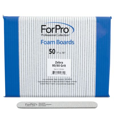 ForPro Zebra Foam Board, 80/80 Grit, Double-Sided Manicure Nail File, 7” L x .75” W 50-Count